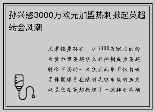 孙兴慜3000万欧元加盟热刺掀起英超转会风潮 孙兴慜3000万欧元加盟热刺掀起英超转会风潮