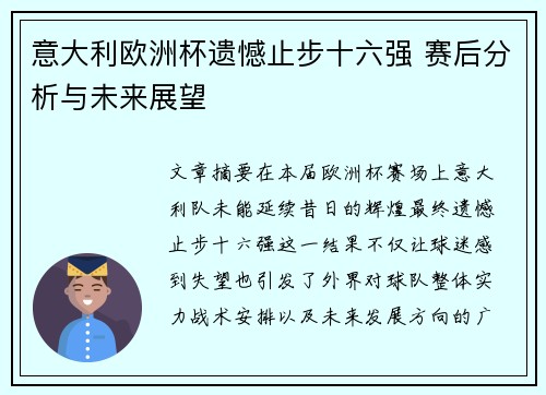 意大利欧洲杯遗憾止步十六强 赛后分析与未来展望 意大利欧洲杯遗憾止步十六强 赛后分析与未来展望