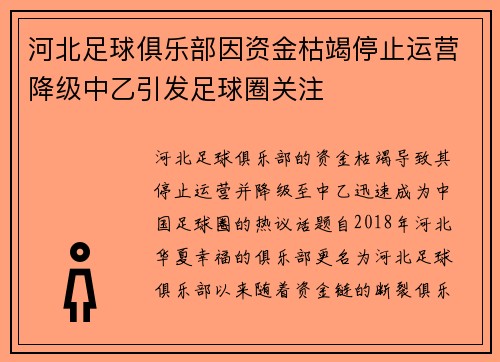 河北足球俱乐部因资金枯竭停止运营降级中乙引发足球圈关注